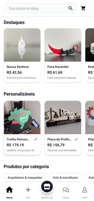 Home do app Rethink3D com produtos em destaque e personalizáveis