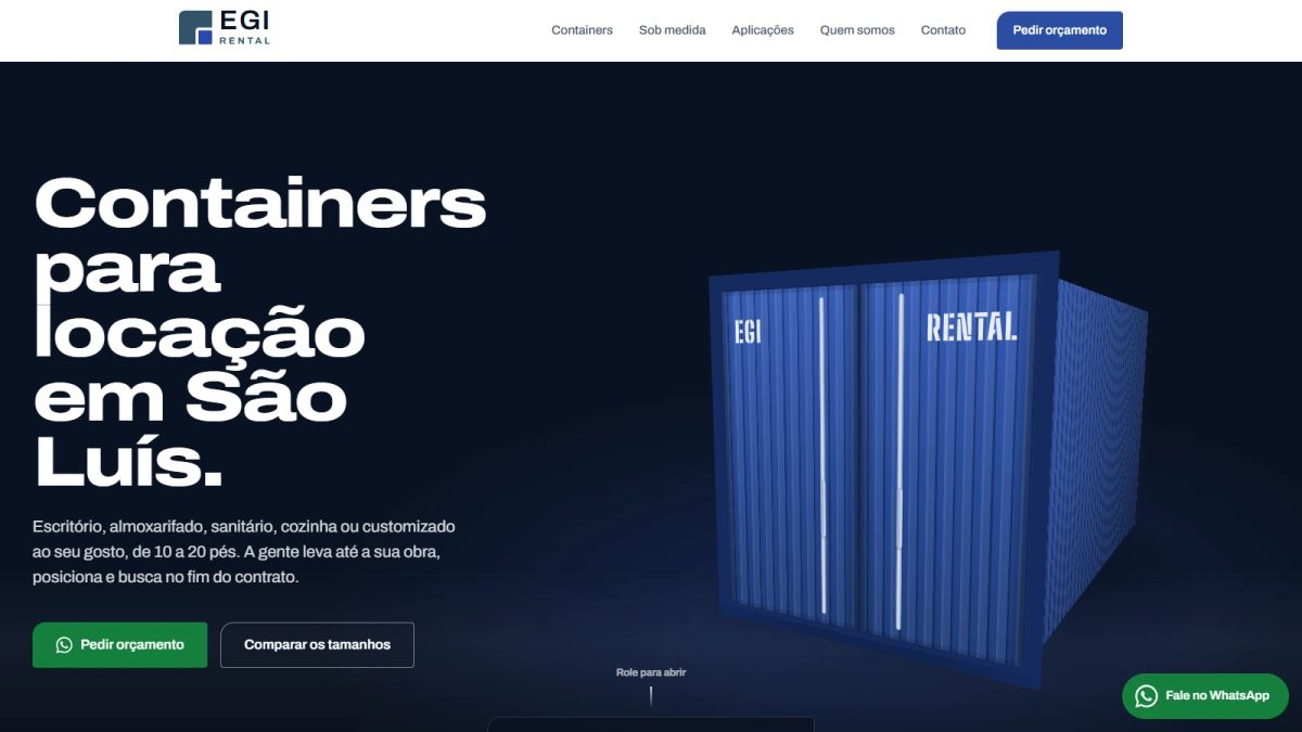 Home da EGI Rental com um container 3D azul ao lado do título "Containers para locação em São Luís"