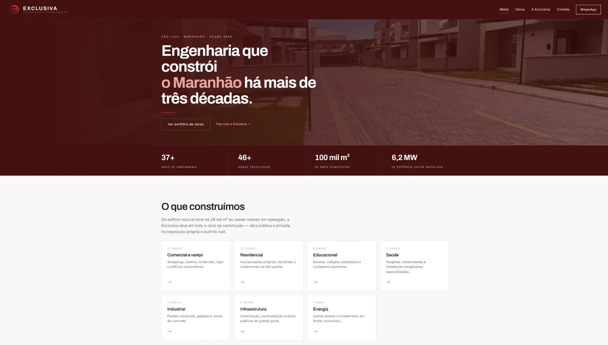 Home da Exclusiva Engenharia com o título "Engenharia que constrói o Maranhão há mais de três décadas" sobre uma rua de condomínio e os segmentos de obras abaixo
