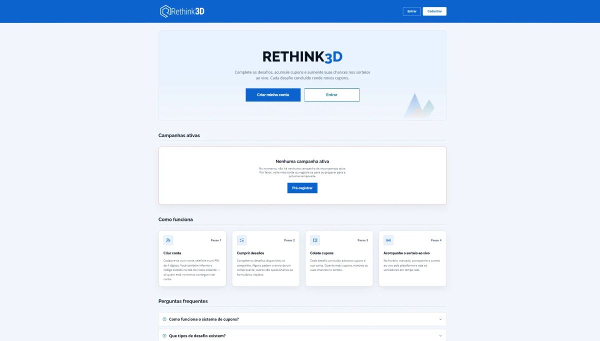 Página inicial do sistema de sorteios da Rethink3D, com os botões "Criar minha conta" e "Entrar", as campanhas ativas e os quatro passos de como funciona
