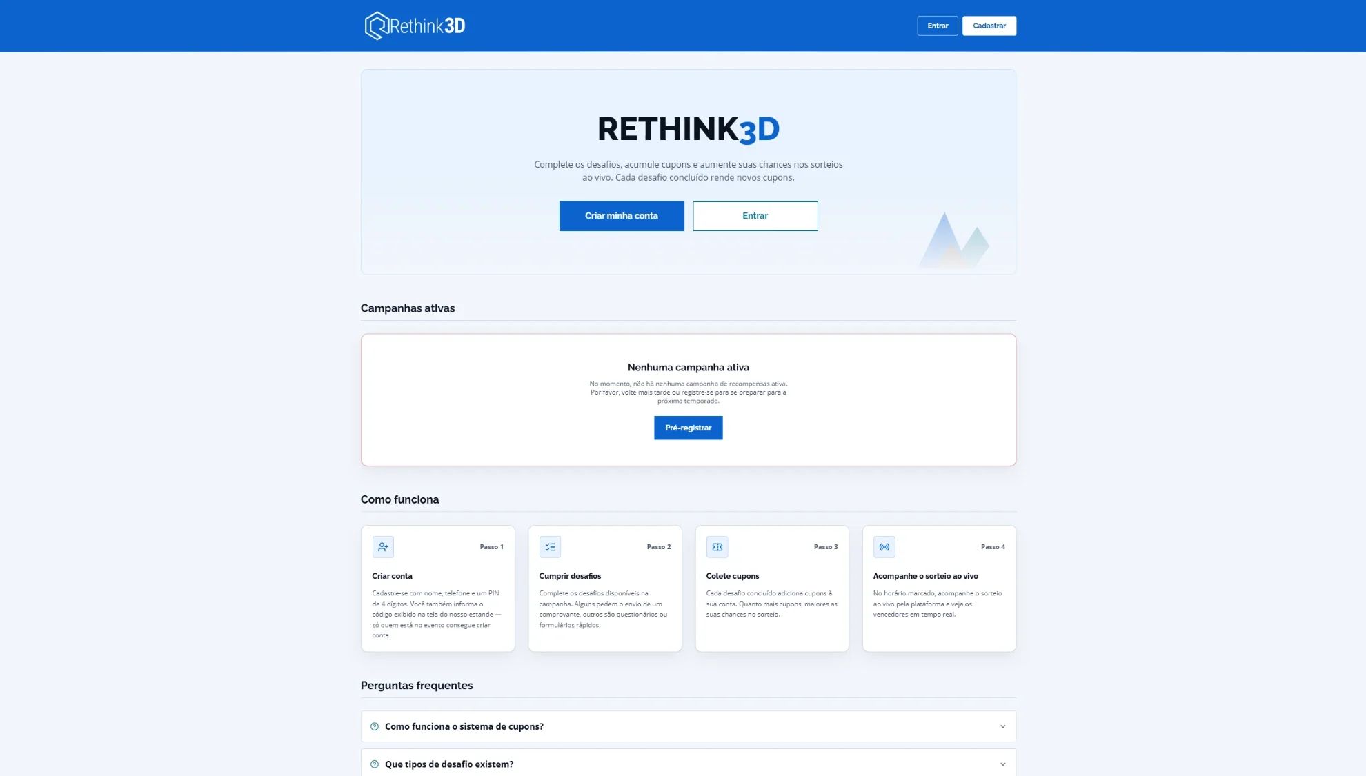 Página inicial do sistema de sorteios da Rethink3D, com os botões "Criar minha conta" e "Entrar", as campanhas ativas e os quatro passos de como funciona