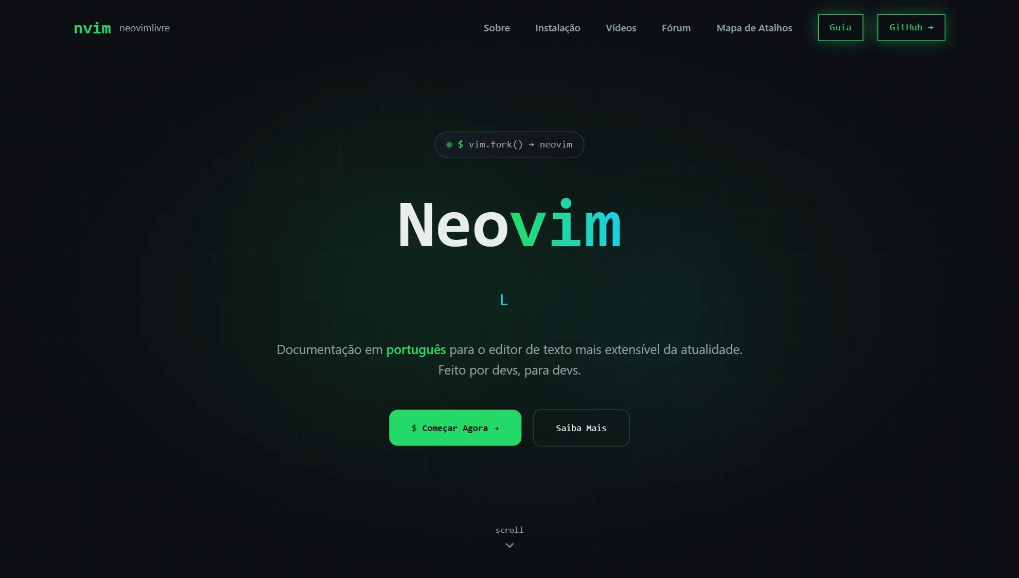 Home do Neovim Livre com o título "Neovim" em verde e a chamada "Documentação em português para o editor de texto mais extensível da atualidade"