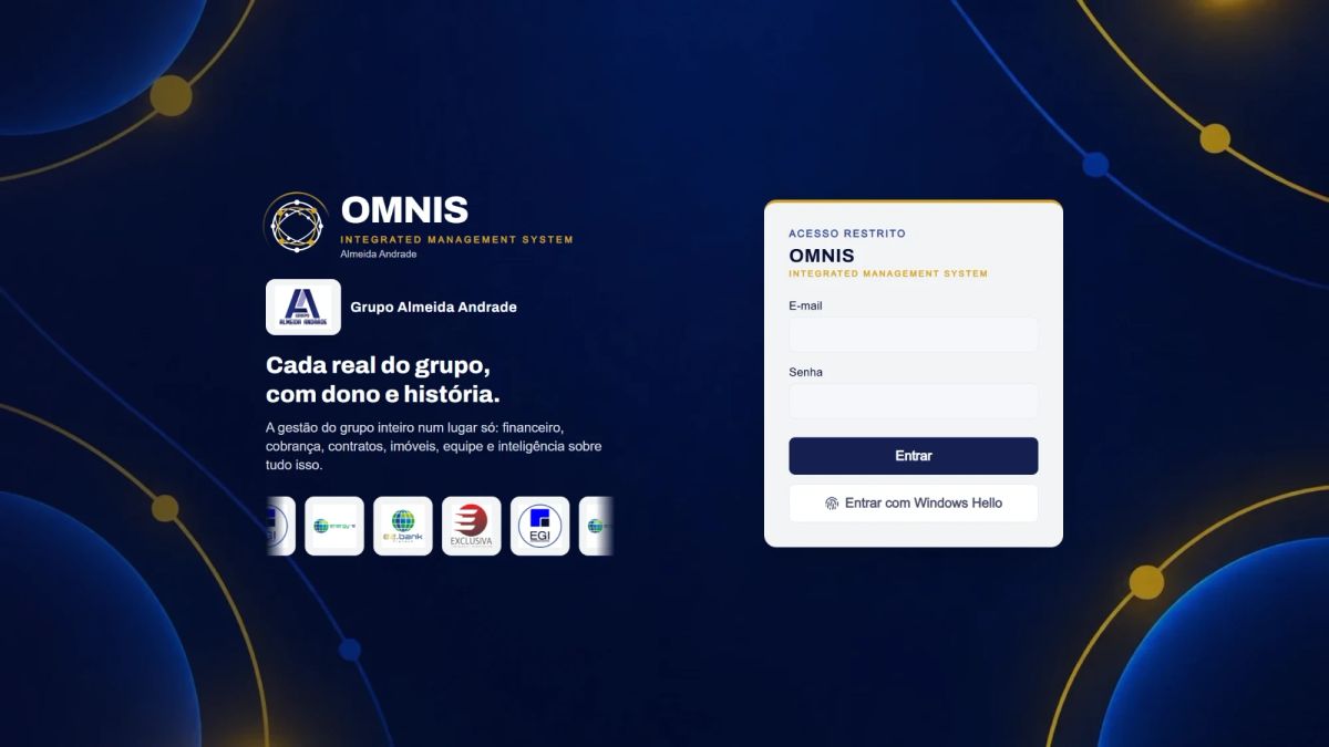 Tela de login do OMNIS, com os logos das empresas do Grupo Almeida Andrade