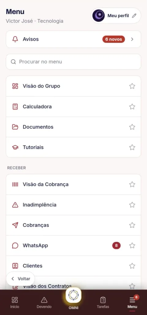 Menu do OMNIS no celular, com módulos de cobrança, inadimplência e WhatsApp