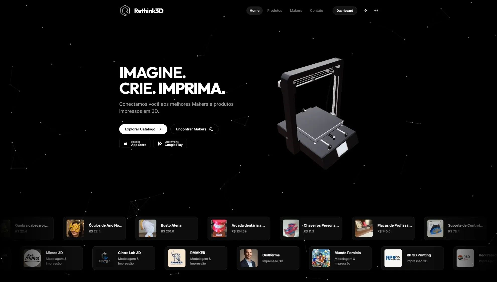 Site da Rethink3D com uma impressora 3D em destaque e o catálogo de produtos e Makers
